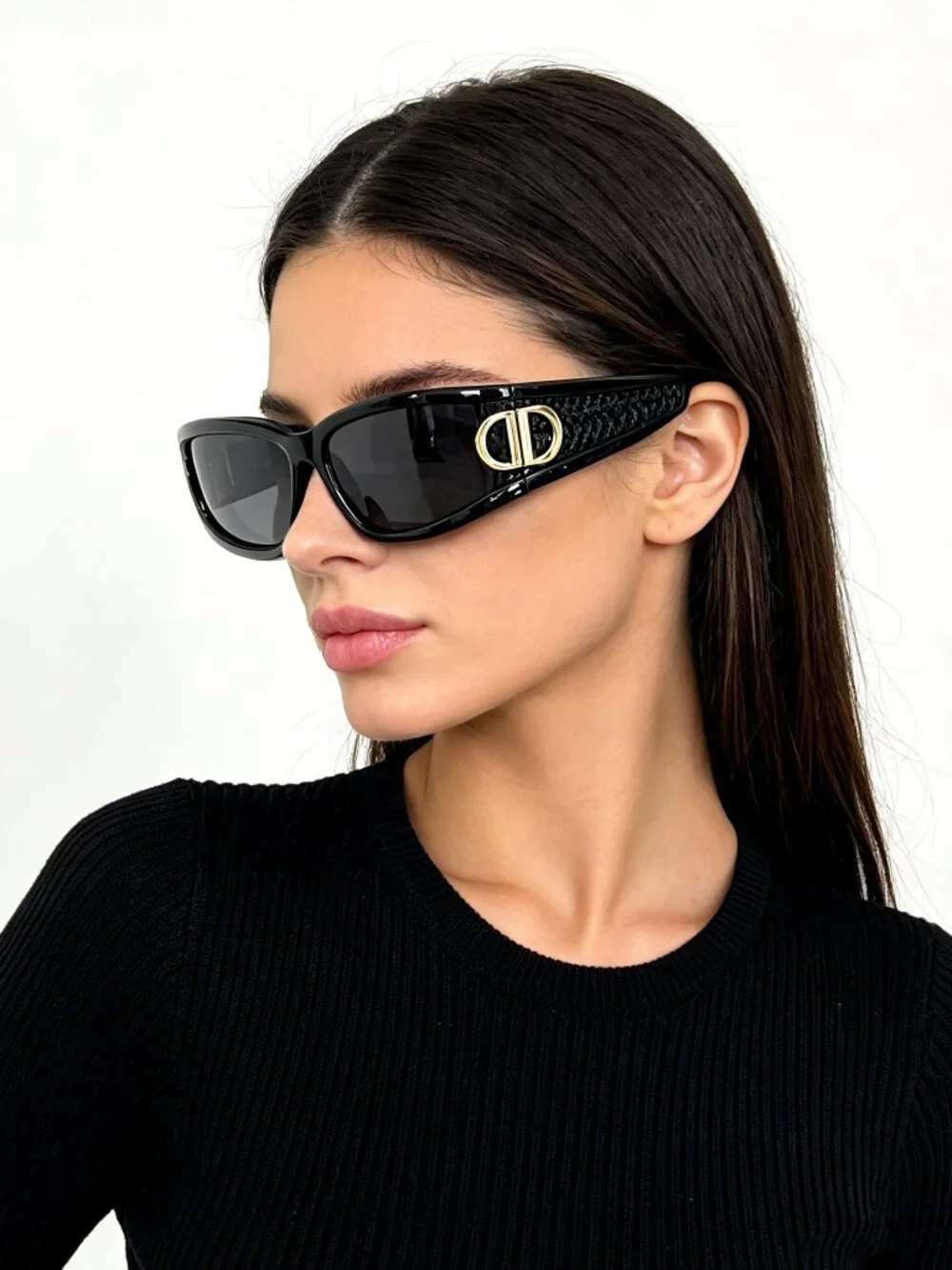 Y2K Wrap Around Headband Sunglasses Unisex Black PC Shades Gold CD Logo Buckle